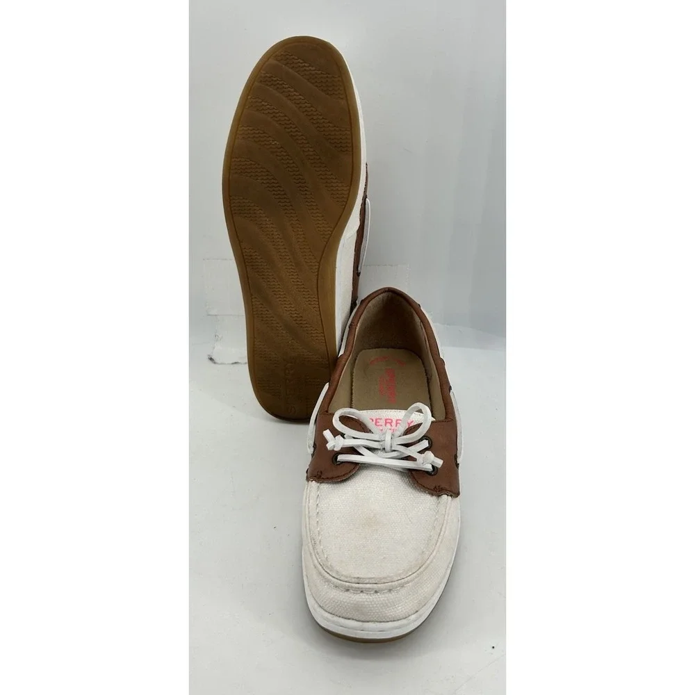 Sperry Topsider Firefish Cream Canvas Boat Shoes With Tan‎ Leather Women's 6M